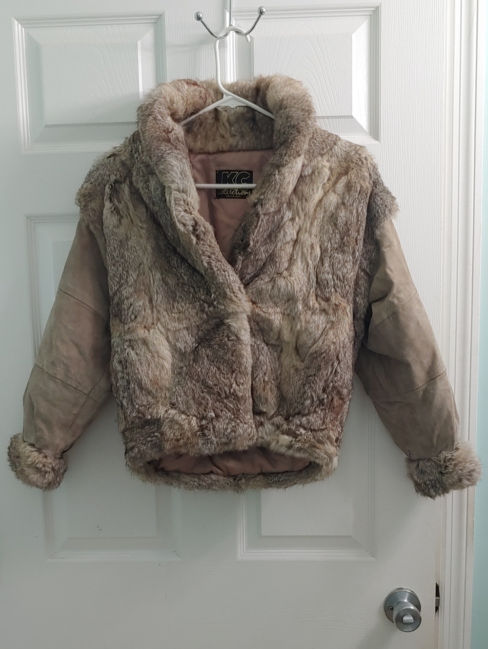 Vintage Rabbit Fur Coat Tan Leather KC Collections Women's XS